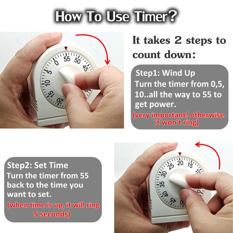 NUOSWEK 60 Minute Wind Up Timer  Visual Mechanical Timer With Loud Alarm  Manual Countdown Timers For Classroom  Home  Study And Cooking (2 Pack) - Image 3