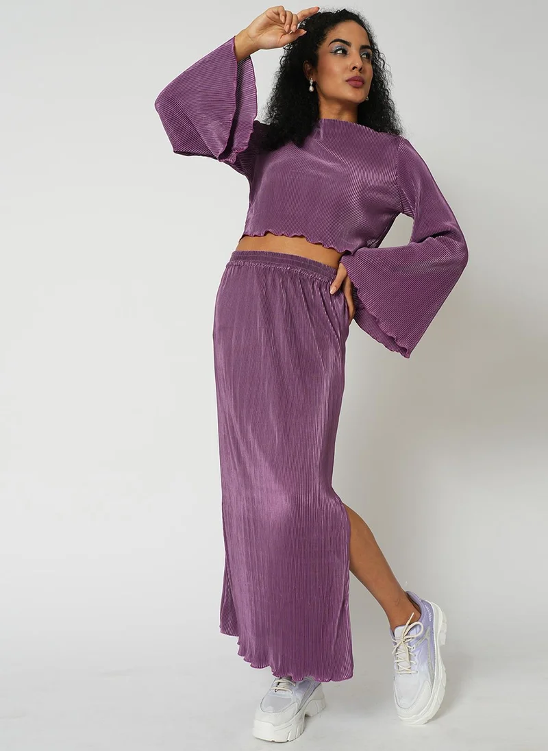 Globus Women Accordion Pleats Bell Sleeves Crop Top With Side Slit Maxi Skirt Party Co-Ord Set