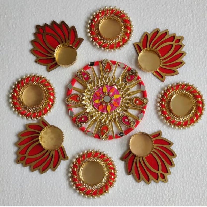 Urban Turtle Handmade Designer Rangoli Mat with Tealight Candle Holder Diya for Home Traditional Lotus Deepak Diya Tea Light Candle Stand for Home Decoration Diwali New Year Gifting Pack of 9