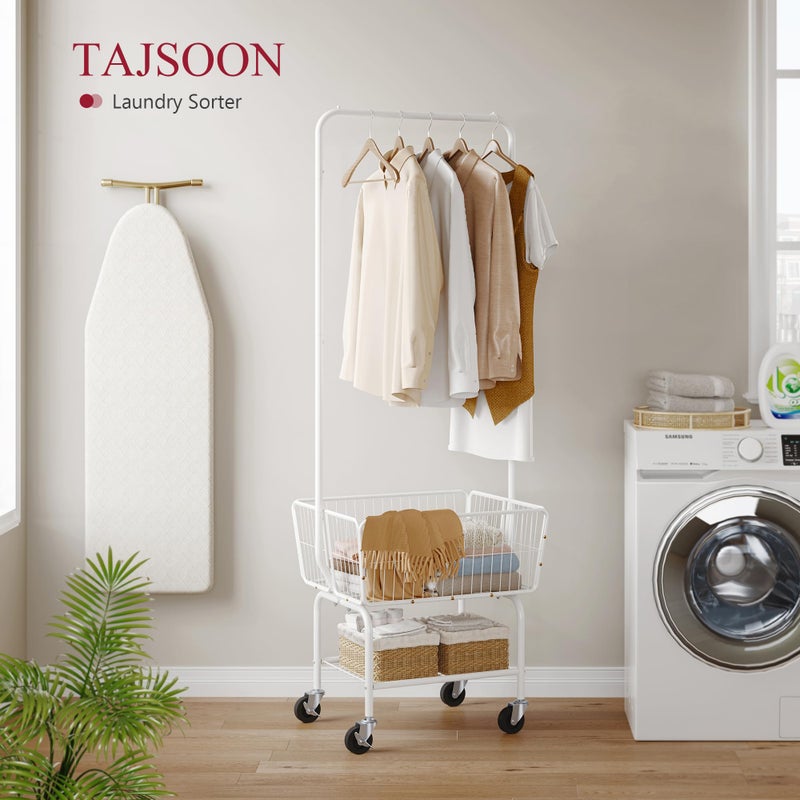 Tajsoon Laundry Cart with Hanging Rack, Metal Laundry Basket with Wheels, Laundry Hamper with Storage Basket and Shelf, Rolling Laundry Cart with Wheels, White - Image 5