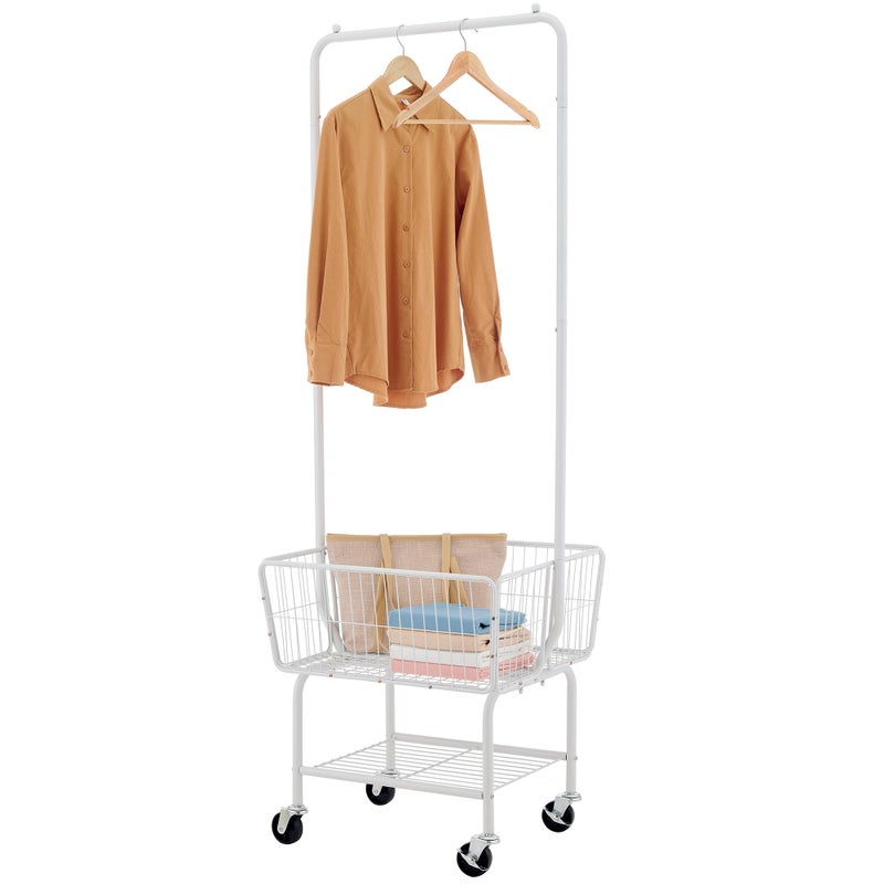 Tajsoon Laundry Cart with Hanging Rack, Metal Laundry Basket with Wheels, Laundry Hamper with Storage Basket and Shelf, Rolling Laundry Cart with Wheels, White - Image 1