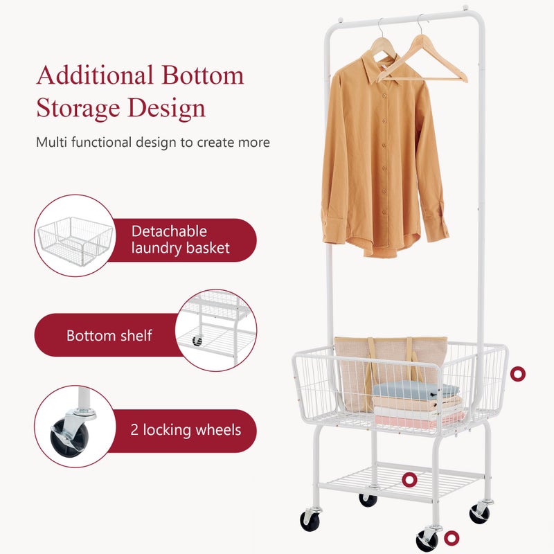 Tajsoon Laundry Cart with Hanging Rack, Metal Laundry Basket with Wheels, Laundry Hamper with Storage Basket and Shelf, Rolling Laundry Cart with Wheels, White - Image 3