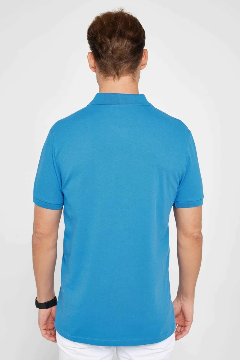 Tudors Men's Slim Fit Narrow Cut Cotton Plain Pique Sax Blue Polo Collar T-Shirt