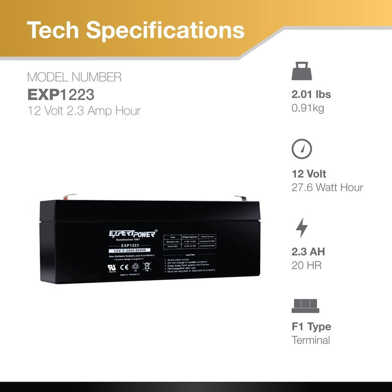ExpertPower ® 12 Volt 2.3 Ah Rechargeable Battery // EXP1223 - Image 2
