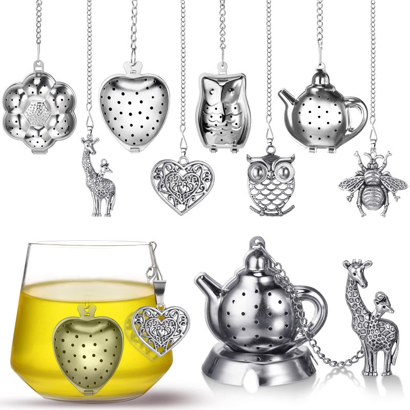Cunhill 4 Sets Loose Tea Infusers Stainless Steel Teaballs Cute Tea Strainers Steeper Filters with Crystal Stone Pendants and Drip Tray Teacups AccessoriesFunny Style
