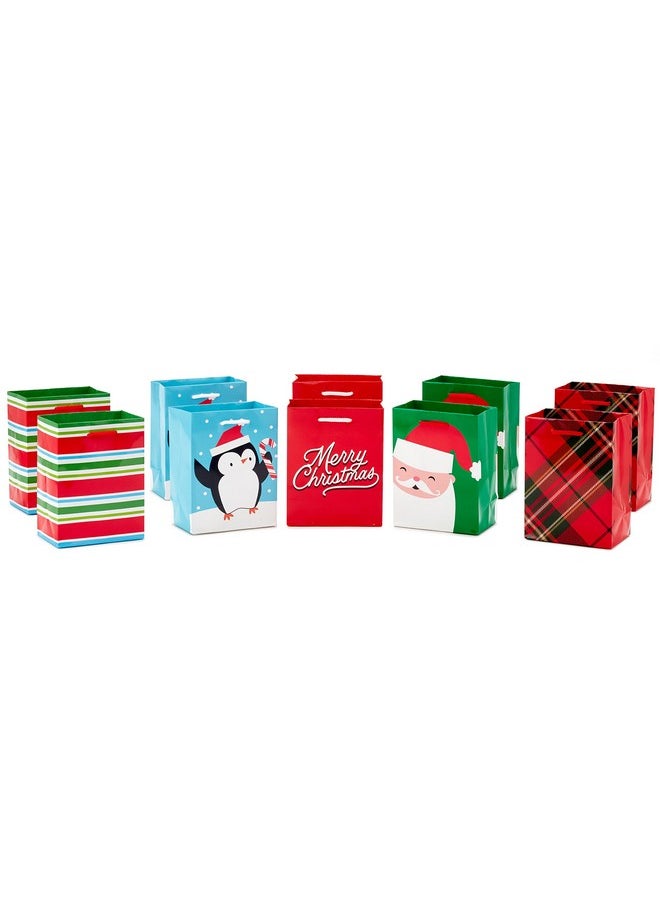 Hallmark Image Arts 5" Small Christmas Gift Bag Bundle (10 Bags Santa Plaid Stripes Penguin) For Kids Coworkers Gift Cards Party Favors  - Image 1