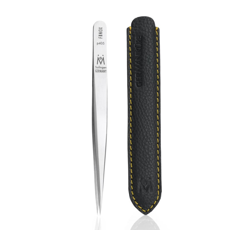 GERMANIKURE Professional Wide Grip Pointed Tweezers - FINOX Stainless Steel Sharp Professional Tweezers in Leather Case - Easy to Use - Ethically Made in Solingen Germany -4405 - Image 1