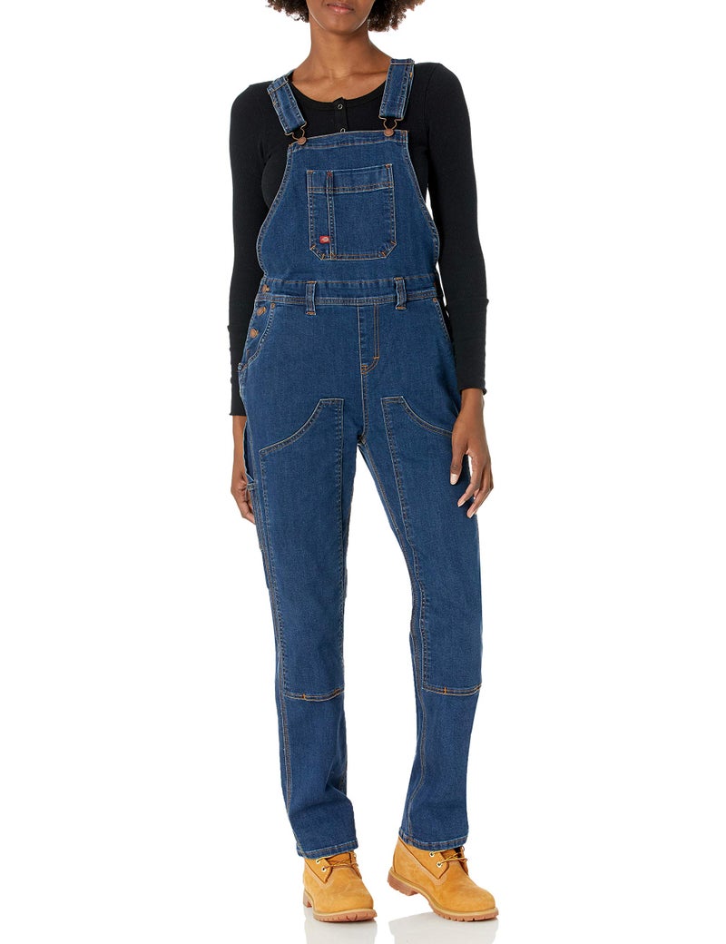 Dickies Womens Denim Double Front Bib Overalls Dark Stone Wash Small US