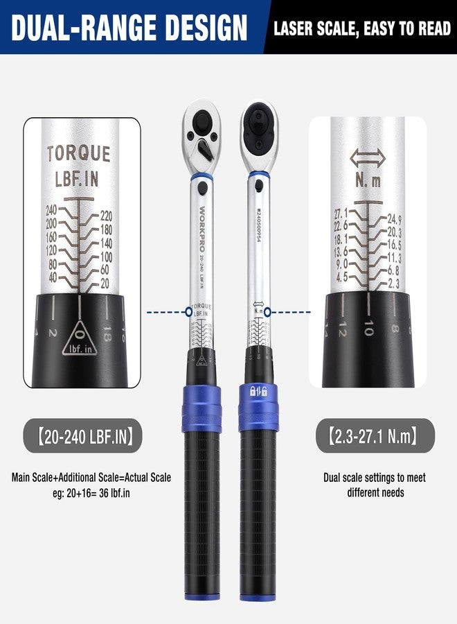 WORKPRO 1/4-inch Drive Click Torque Wrench, Inch Pound Bike Torque Wrench Set, Dual-Range 20-240 in.lb / 2.3-27.1 N.m, Lightweight Aluminum Handle, 72-Tooth, 14 Pcs, Precision for Bicycle Maintenance - Image 4