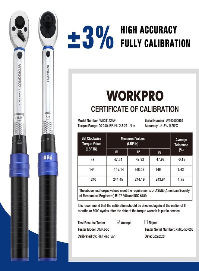 WORKPRO 1/4-inch Drive Click Torque Wrench, Inch Pound Bike Torque Wrench Set, Dual-Range 20-240 in.lb / 2.3-27.1 N.m, Lightweight Aluminum Handle, 72-Tooth, 14 Pcs, Precision for Bicycle Maintenance - Image 5