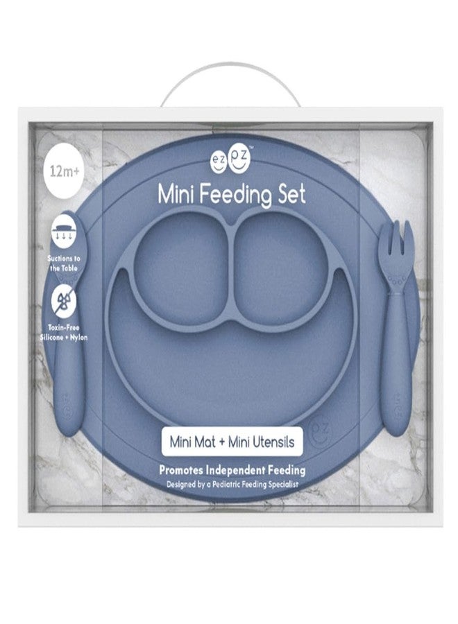 ezpz Mini Feeding Set - 100% Food Grade Silicone Suction Plate, Spoon & Fork for Infants + Toddlers for Highchair, Dining Table - Promotes Baby Self-Feeding - Microwave Safe - 12 Months+ (Indigo) - Image 3