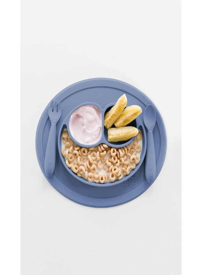 ezpz Mini Feeding Set - 100% Food Grade Silicone Suction Plate, Spoon & Fork for Infants + Toddlers for Highchair, Dining Table - Promotes Baby Self-Feeding - Microwave Safe - 12 Months+ (Indigo) - Image 2