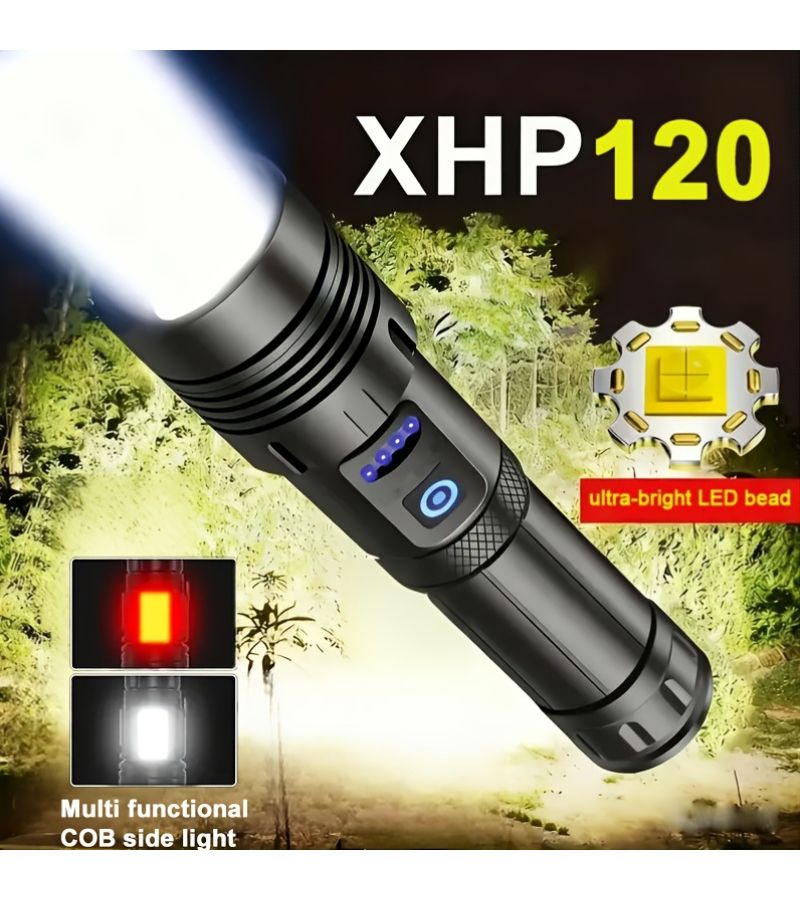 XHP120 مصباح يدوي عالي الطاقة قابل لإعادة الشحن للتكتيكات 1 عبوة مصباح تخييم محمول قابل للتكبير مزود ببطارية 18650 مدمجة مقاومة للرذاذ IP65 للسفر والتخييم والمشي لمسافات طويلة وصيد الأسماك والطوارئ - Image 1