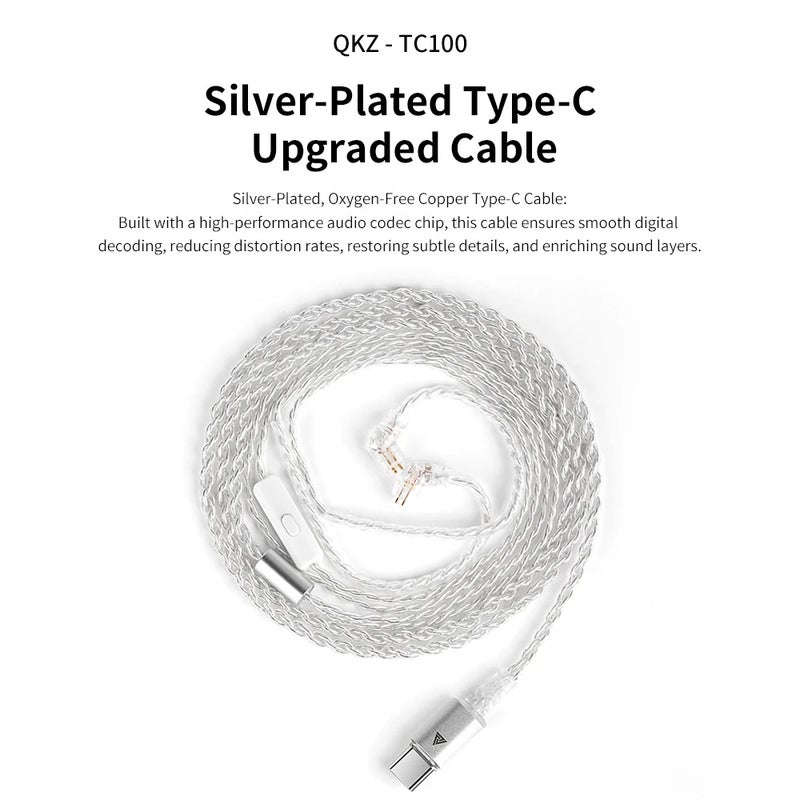 QKZ TC100 Earphone Cable Type-C 2PIN 0.75mm Wired Headphones Replacement Upgraded Wire For KZ ZSN ZSX PRO X ZS10 CCA TRN Headset, Sliver - Image 1