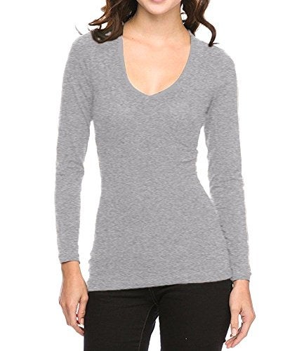 Ambiance Basic Jersey Cotton Wide V-Neck Long Sleeve Casual Tee Shirt Heather Grey M - Image 3