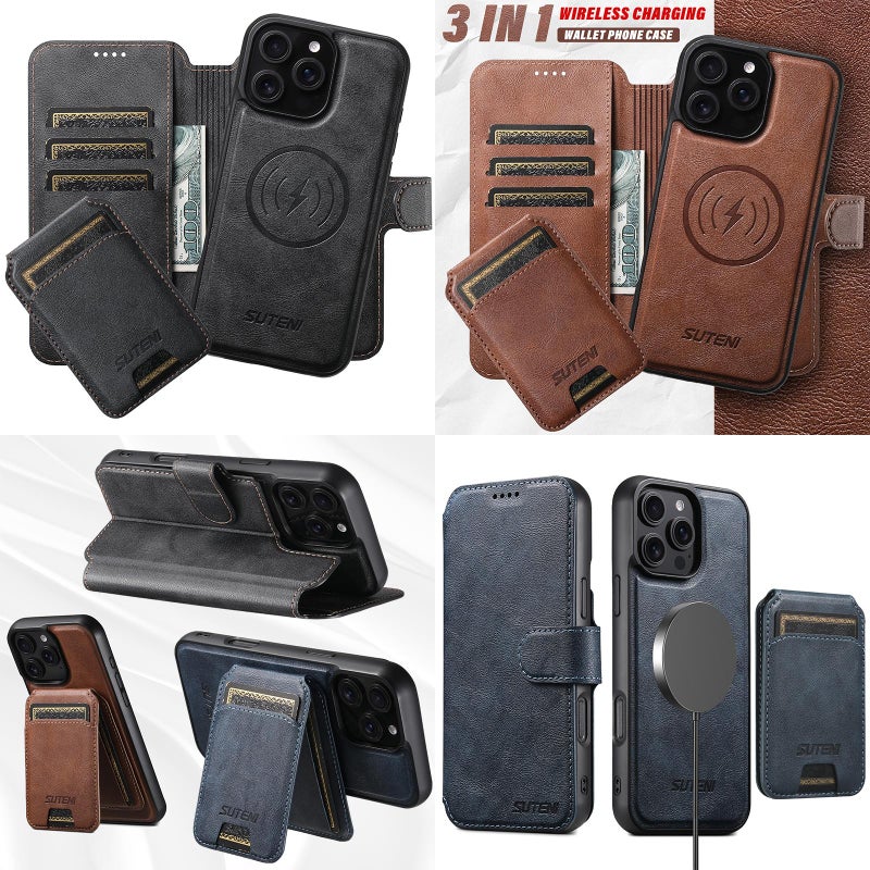 Suteni For Iphone 16 Pro Max Q05S2 3-In-1 Detachable Vertical Flip Wallet Magsafe Leather Phone Case(Black) - Image 5