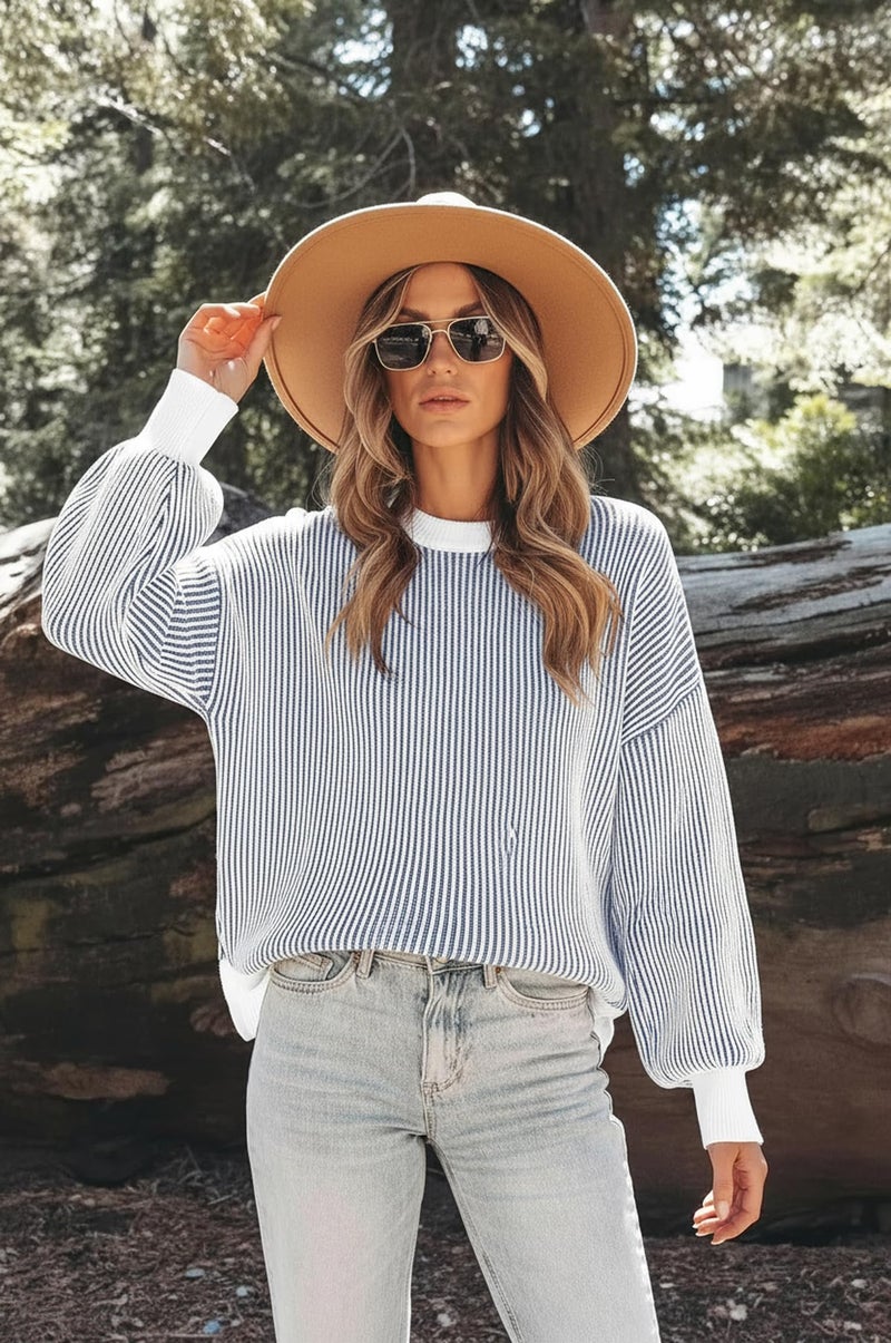 ETCYY Womens Sweaters Fall 2026 Clothes Oversized Long Sleeve Colorblock Striped Knit Pullover Tops Casual Winter Trendy Outfits,Pure Blue,Medium - Image 4