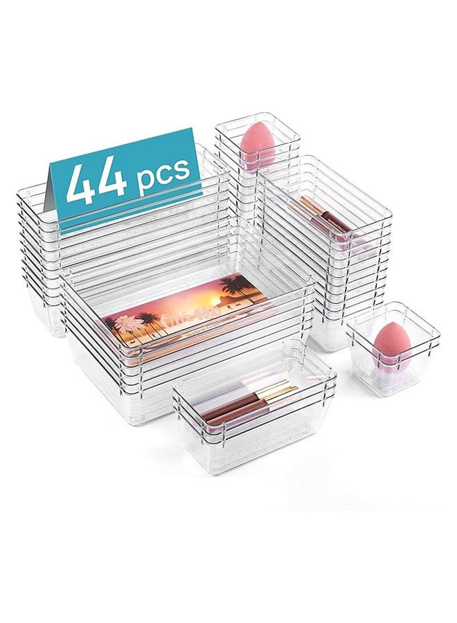 YelaJoy 44 PCS Clear Plastic Drawer Organizers Set, 4-Size Versatile Bathroom and Vanity Organizer Trays, Non-Slip Storage Containers for Makeup, Jewelries, Bedroom，Kitchen Utensils and Office  - Image 1