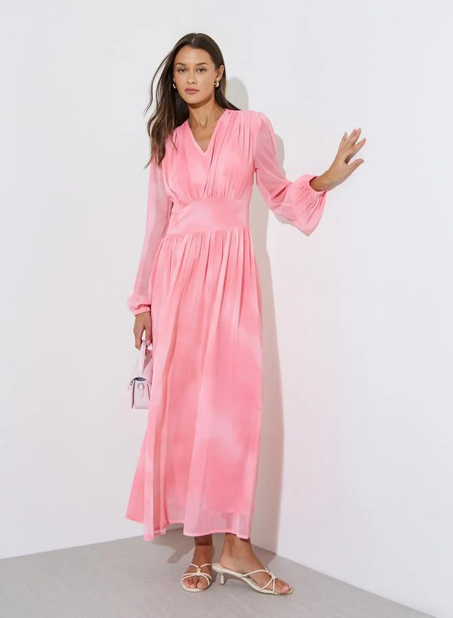 Women Pink Tie-Dye Balloon Sleeve Maxi Dress