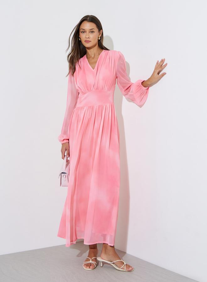 Styli Women Pink Tie-Dye Balloon Sleeve Maxi Dress - Image 1