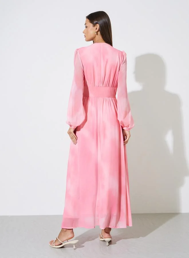 Styli  Women Pink Tie-Dye Balloon Sleeve Maxi Dress for Women | Best Price UAE
