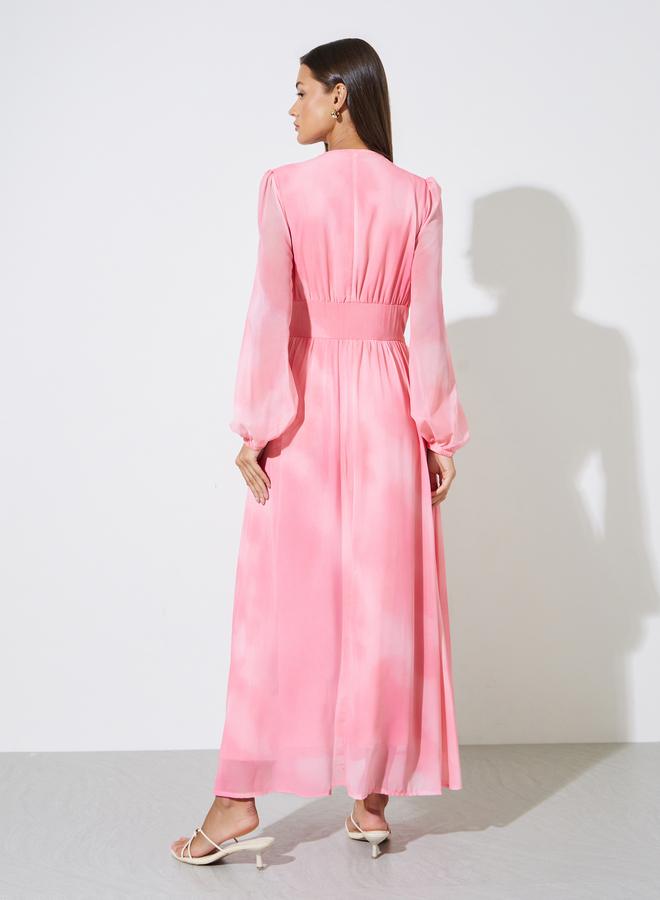 Styli Women Pink Tie-Dye Balloon Sleeve Maxi Dress - Image 3