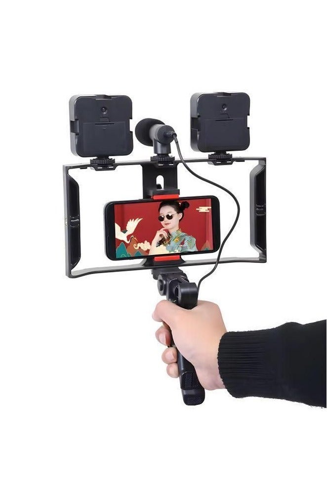 PLOKAMA 5 in 1 Video Camera Tripod with Grip, Shotgun Microphone and LED Light Kit for Any Mobile Phone for Professional Filmmaking and Video U-Shaped Frame, 2 Lights and Stand Black Red - Image 1