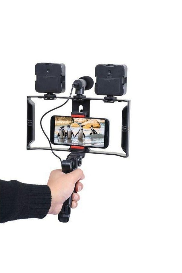 PLOKAMA 5 in 1 Video Camera Tripod with Grip, Shotgun Microphone and LED Light Kit for Any Mobile Phone for Professional Filmmaking and Video U-Shaped Frame, 2 Lights and Stand Black Red - Image 5