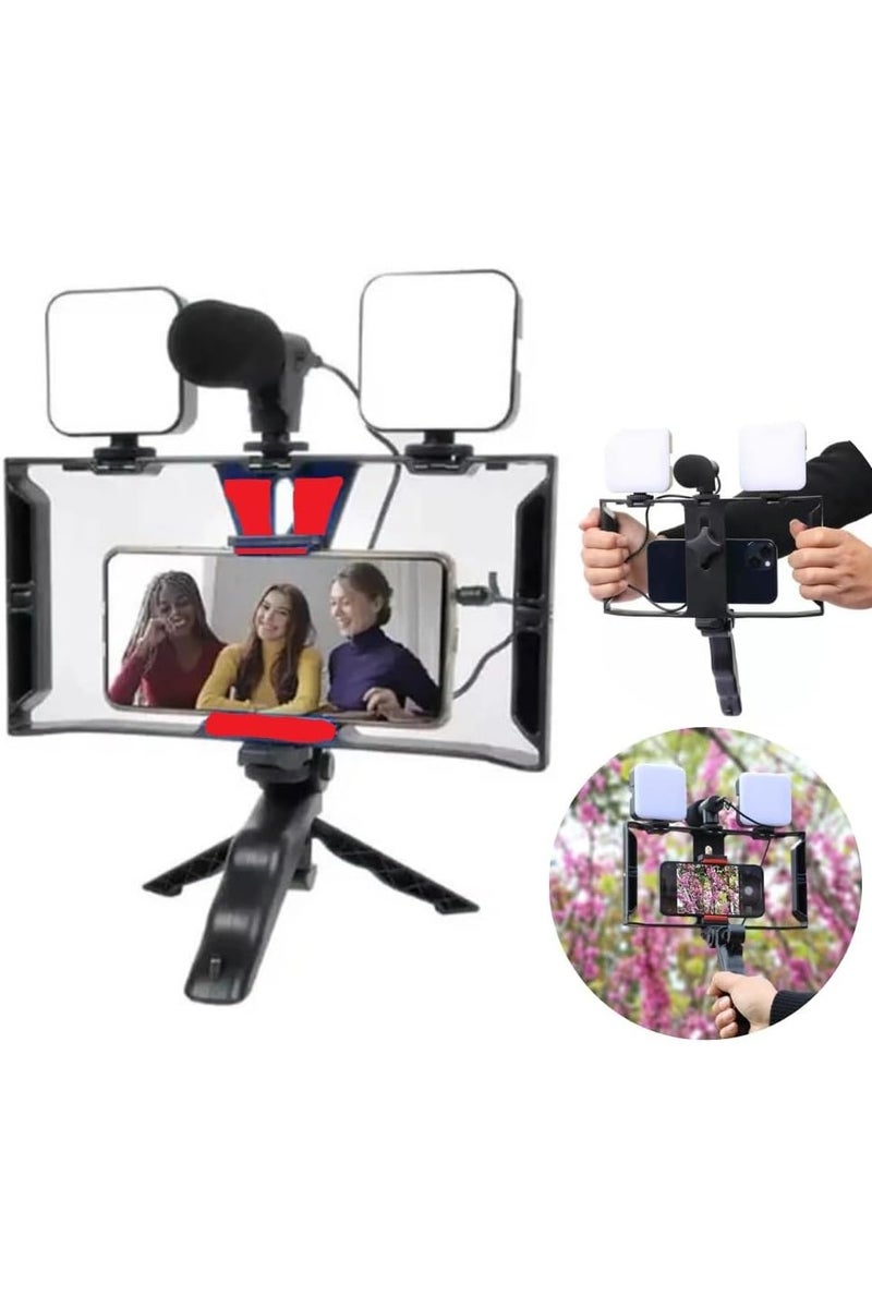 PLOKAMA 5 in 1 Video Camera Tripod with Grip, Shotgun Microphone and LED Light Kit for Any Mobile Phone for Professional Filmmaking and Video U-Shaped Frame, 2 Lights and Stand Black Red - Image 3