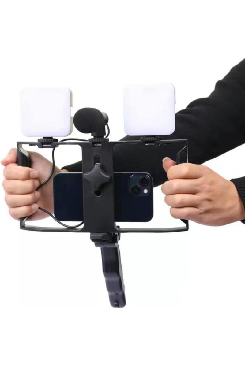 PLOKAMA 5 in 1 Video Camera Tripod with Grip, Shotgun Microphone and LED Light Kit for Any Mobile Phone for Professional Filmmaking and Video U-Shaped Frame, 2 Lights and Stand Black Red - Image 4