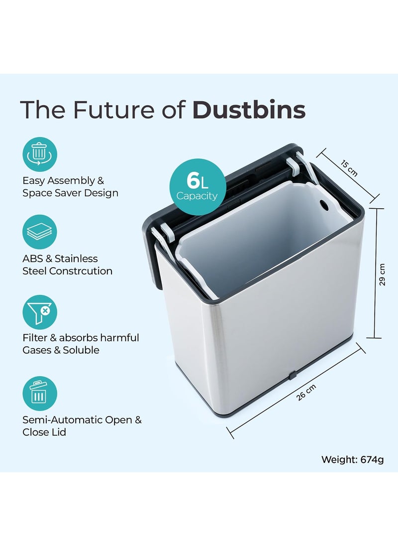 The Better Home The Better Home 6L 29cm Hanging Dustbin With Lid 1 Yr Warranty Small Dustbin For Kitchen Stainless Steel Dustbin For Bathroom Dustbin For Bedroom With Inner Bucket Trash Bag Silver  - Image 2