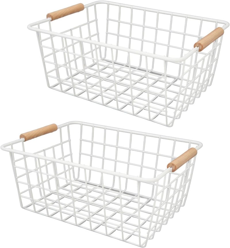 klarako Set of 2 Wire Storage Baskets, Metal Freezer Organizer Bins with Wooden Handles, Farmhouse Baskets Freezer Storage Organizer Basket, for Cabinets, Pantry, Bathroom, Freezer (White) - Image 5