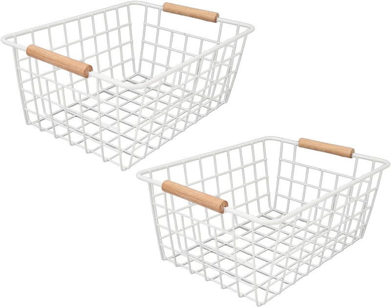 klarako Set of 2 Wire Storage Baskets, Metal Freezer Organizer Bins with Wooden Handles, Farmhouse Baskets Freezer Storage Organizer Basket, for Cabinets, Pantry, Bathroom, Freezer (White) - Image 1