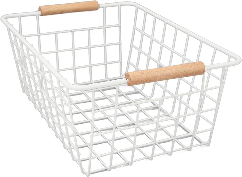 klarako Set of 2 Wire Storage Baskets, Metal Freezer Organizer Bins with Wooden Handles, Farmhouse Baskets Freezer Storage Organizer Basket, for Cabinets, Pantry, Bathroom, Freezer (White) - Image 4