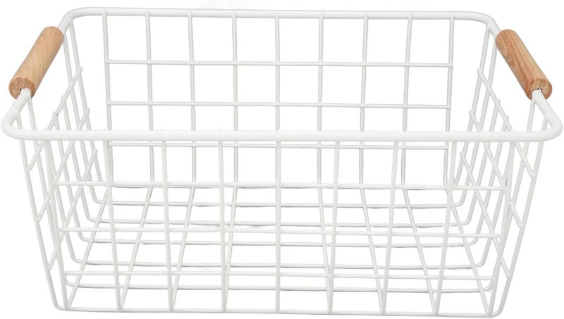 klarako Set of 2 Wire Storage Baskets, Metal Freezer Organizer Bins with Wooden Handles, Farmhouse Baskets Freezer Storage Organizer Basket, for Cabinets, Pantry, Bathroom, Freezer (White) - Image 2