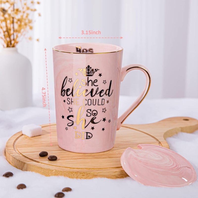 ALBISS Gifts for Her, Pink Marble Ceramic Gold Print Cup 14oz，Printed with She Believed She Could So She Did, Inspirational Congratulations Gifts for Daughter, Friend, Exquisite Gift Box - Image 1