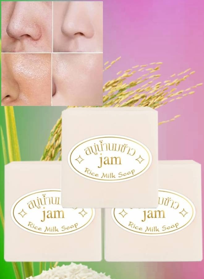 JAM صابون حليب الأرز 3 قطع - صابون الأرز اليدوي من تايلاند لتنظيف الوجه والجسم - صابون الأرز المرطب اللطيف - تنظيف عميق للعناية بالبشرة - بار شامبو الأرز - بار شامبو بروتين ماء الأرز 3x65غ - Image 1