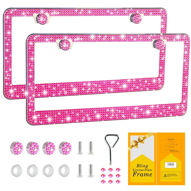 FIISFIIS Bling License Plate Frame for Women,2 Pack Premium Stainless Steel Rhinestone Car License Plate Holder,Handmade Glitter Crystal Diamond Lincense Plate Cover,Bedazzled Sparkly Caps-Pink