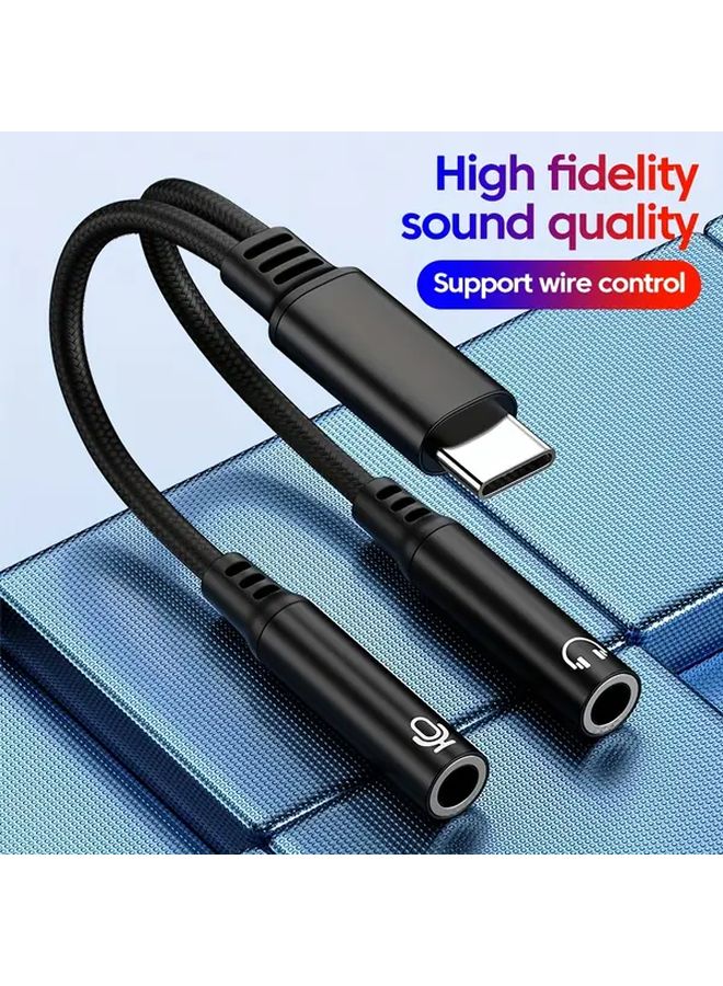 محول USB C أسود إلى 3.5 مم مزدوج مع DAC للسماعات والمكالمات الصوتية - Image 1