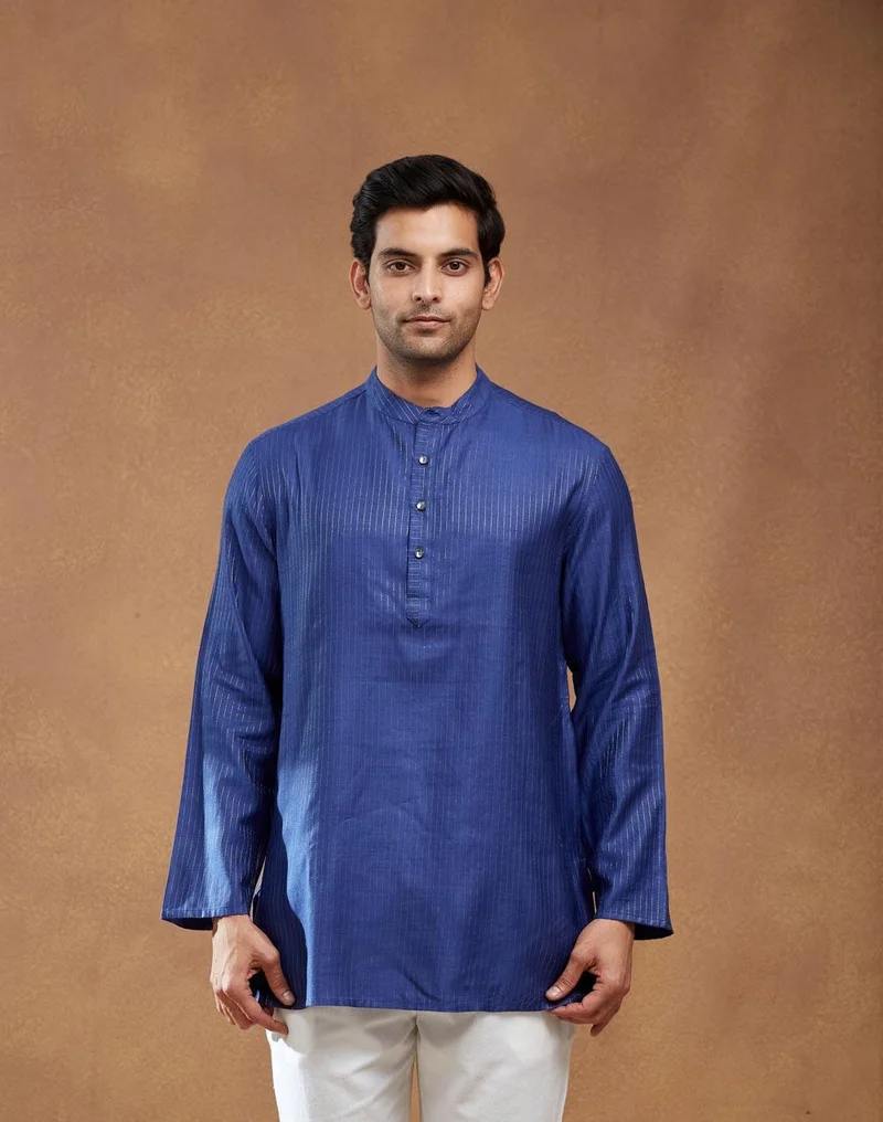 فاب انديا Blue Viscose Blend Dobby Short Kurta