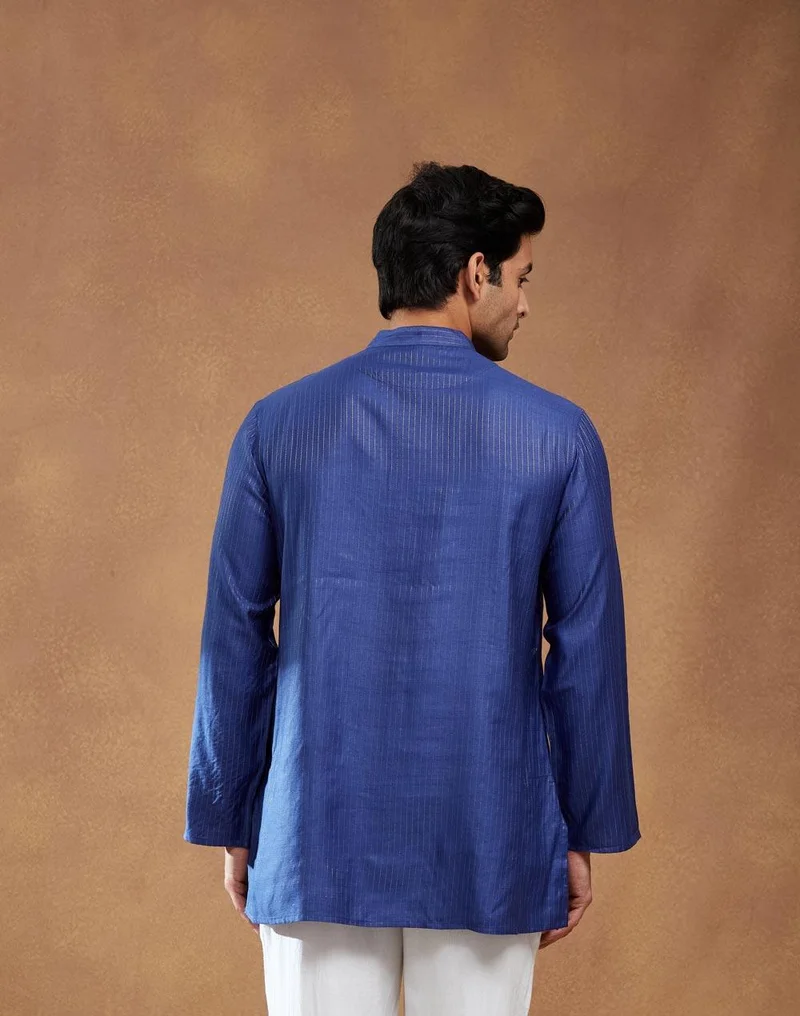Fabindia Blue Viscose Blend Dobby Short Kurta