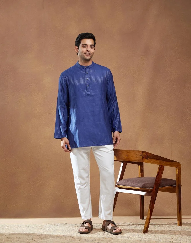 Fabindia Blue Viscose Blend Dobby Short Kurta