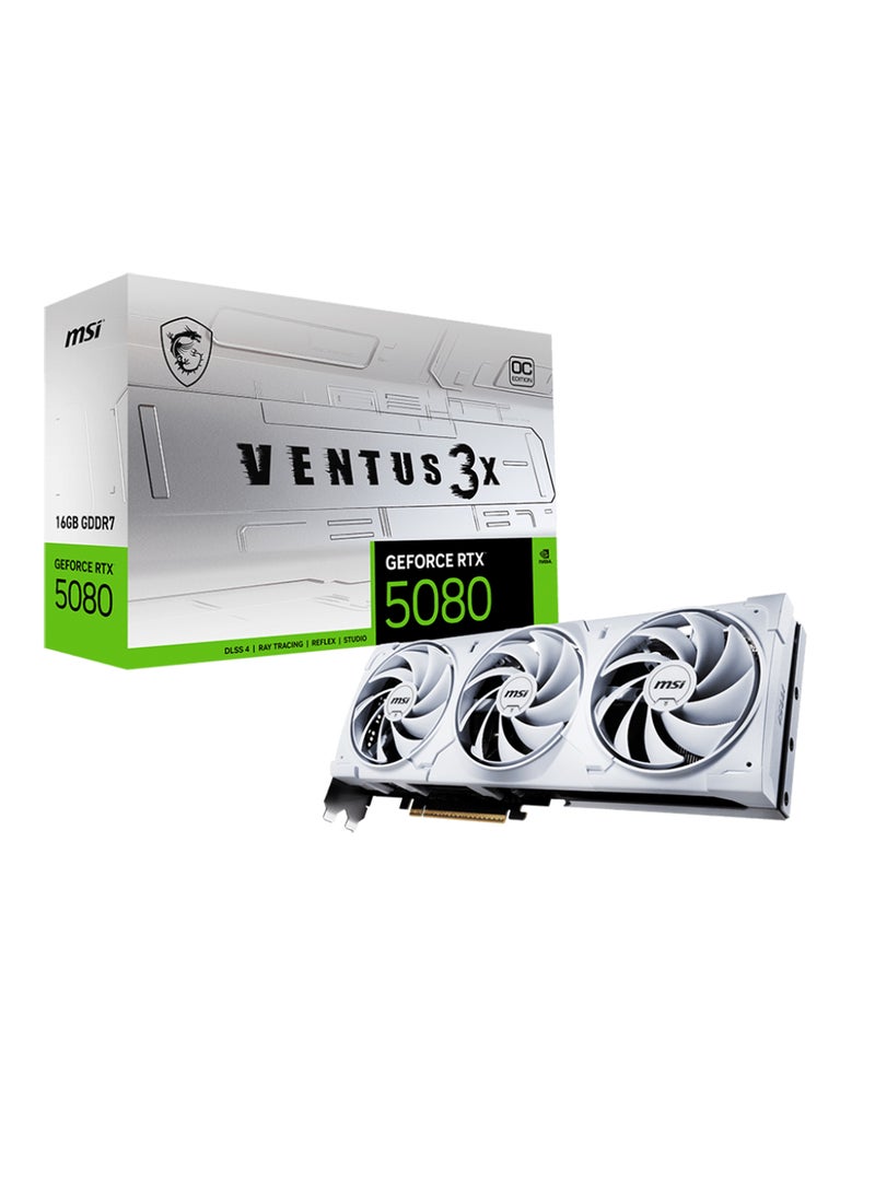 MSI GeForce RTX 5080 16G VENTUS 3X OC WHITE Graphics Card - Model G5080-16V3CW, NVIDIA GeForce RTX 5080 GPU, PCIe Gen 5, Extreme Performance 2655 MHz & Boost 2640 MHz, 10752 CUDA Cores, 16GB GDDR7 Memory (30 Gbps, 256-bit), DisplayPort x 3 (v2.1b), HDMI 2.1b, HDCP Support, 360W Power Consumption, 16-pin Power Connector, DirectX 12 Ultimate, OpenGL 4.6, Max Displays: 4, G-SYNC Technology White - Image 1