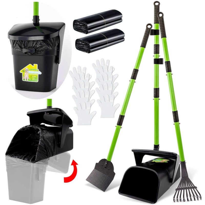 LANNEY Pooper Scooper - 38" Long Adjustable Metal Handle Dog Pooper Scooper Swivel Bin & Rake & Spade with 50 Bags Attachment, Portable Heavy Duty Dog Poop Scooper for Yard Dogs Large Medium Small - Image 1