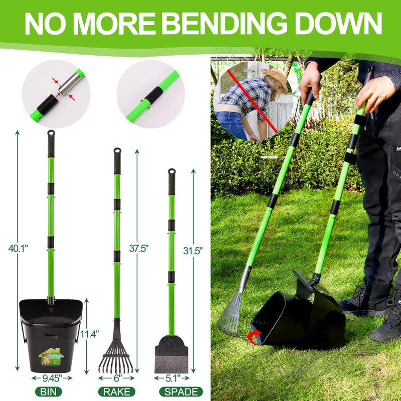 LANNEY Pooper Scooper - 38" Long Adjustable Metal Handle Dog Pooper Scooper Swivel Bin & Rake & Spade with 50 Bags Attachment, Portable Heavy Duty Dog Poop Scooper for Yard Dogs Large Medium Small - Image 3