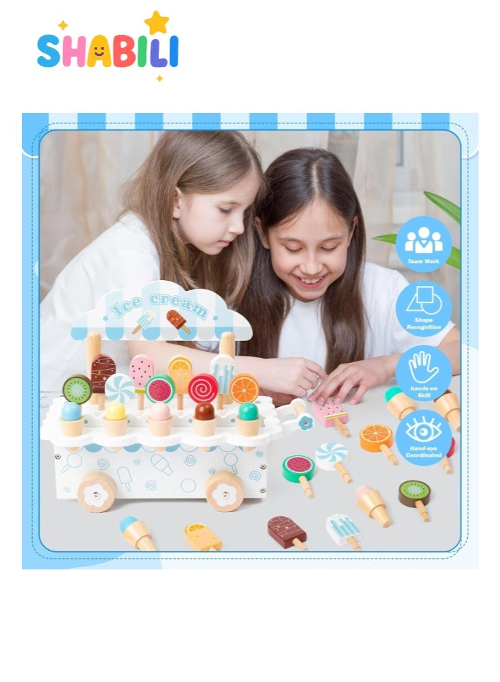 SHABILI Wooden Ice Cream Cart Toy Set for Kids with Popsicles and Cones, Solid Wood Play Food Truck Trolley for Pretend Play Kitchen, for Boys and Girls Ages 3+, Gift for Birthday Classroom Home Learning - Image 3