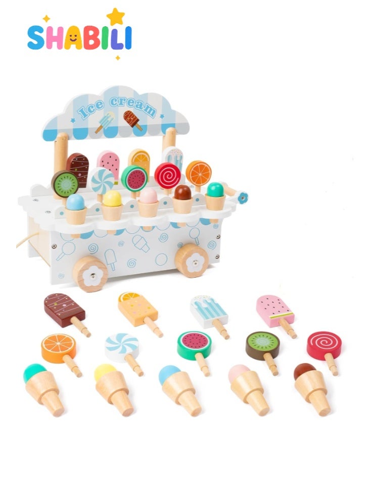 SHABILI Wooden Ice Cream Cart Toy Set for Kids with Popsicles and Cones, Solid Wood Play Food Truck Trolley for Pretend Play Kitchen, for Boys and Girls Ages 3+, Gift for Birthday Classroom Home Learning - Image 1
