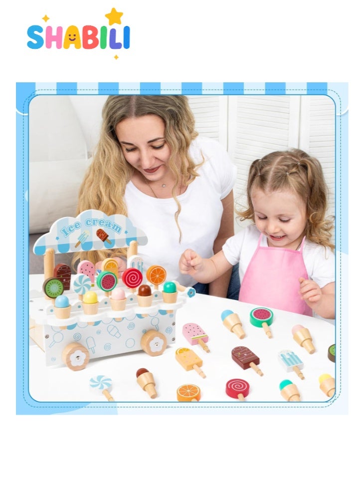 SHABILI Wooden Ice Cream Cart Toy Set for Kids with Popsicles and Cones, Solid Wood Play Food Truck Trolley for Pretend Play Kitchen, for Boys and Girls Ages 3+, Gift for Birthday Classroom Home Learning - Image 4