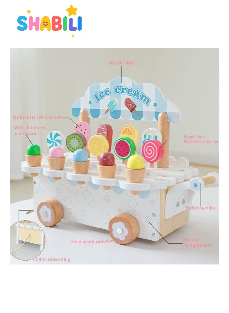 SHABILI Wooden Ice Cream Cart Toy Set for Kids with Popsicles and Cones, Solid Wood Play Food Truck Trolley for Pretend Play Kitchen, for Boys and Girls Ages 3+, Gift for Birthday Classroom Home Learning - Image 5