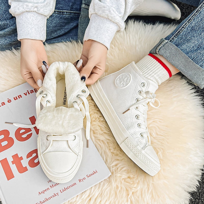 2022 Winter Velvet Canvas Shoes Warm Thickened Ladies Casual Cotton Sneakers White 